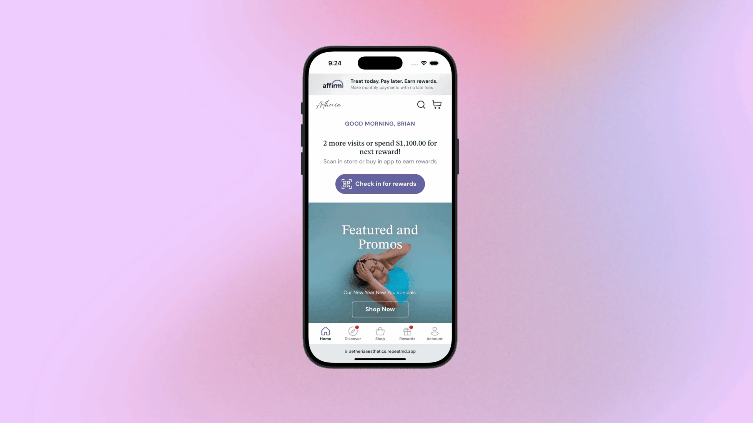 The Aetheria Rewards app showing member promotions and loyalty rewards