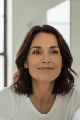 A woman happily looking at her reflection, considering the natural-looking results of Sculptra treatment in Pittsburgh.