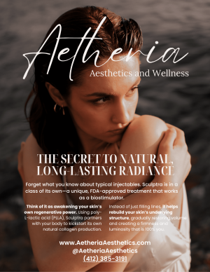 Cover of the Aetheria Aesthetics guide to Sculptra, featuring a woman with a thoughtful expression and natural, radiant skin representing beautiful, long-lasting results.