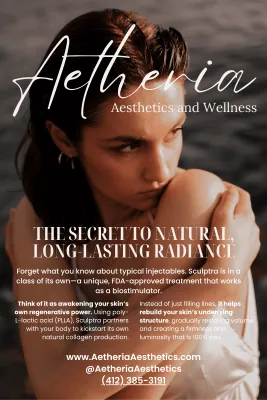 Cover of the Aetheria Aesthetics guide to Sculptra, featuring a woman with a thoughtful expression and natural, radiant skin representing beautiful, long-lasting results.